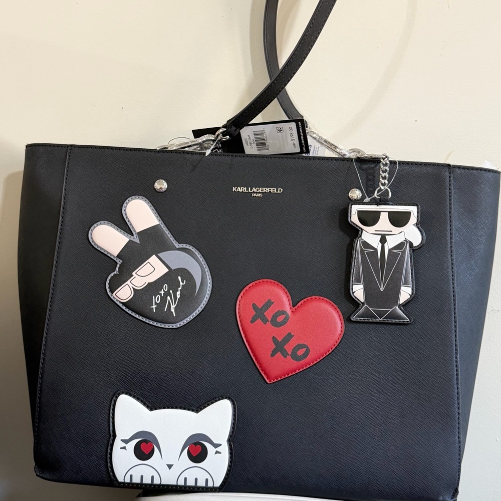 Karl Lagerfeld Adele Black Tote Bag with Fun Patches New With Tags